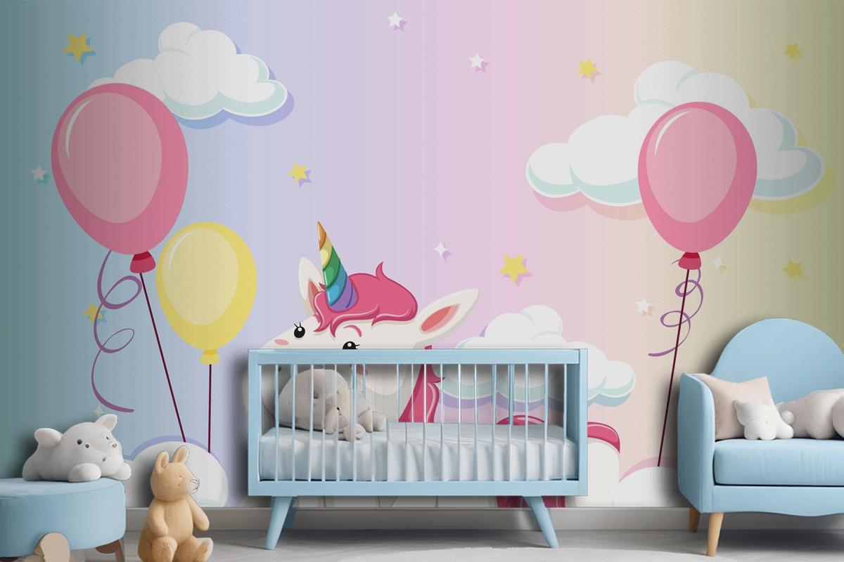 Unicorn Lay On The Cloud On Colorful Pastel Sky Background Wallpaper Mural