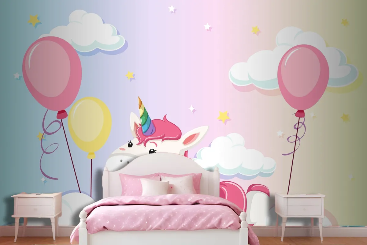 Unicorn Lay On The Cloud On Colorful Pastel Sky Background Wallpaper Mural