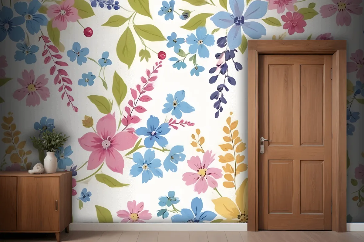 Various Flowers In Shades Of Pink Blue Yellow And Green Wallpaper Mural