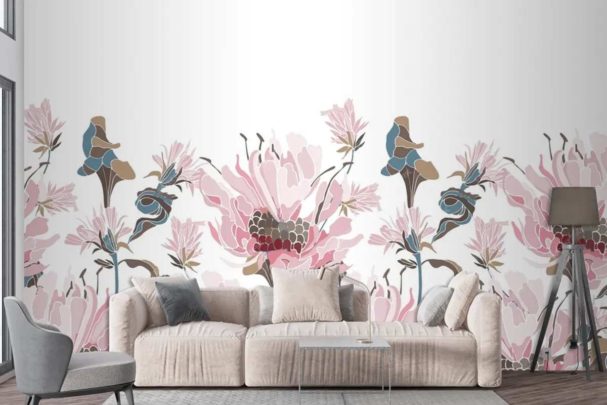 Pink Flowers Herbs Wallpaer Mural