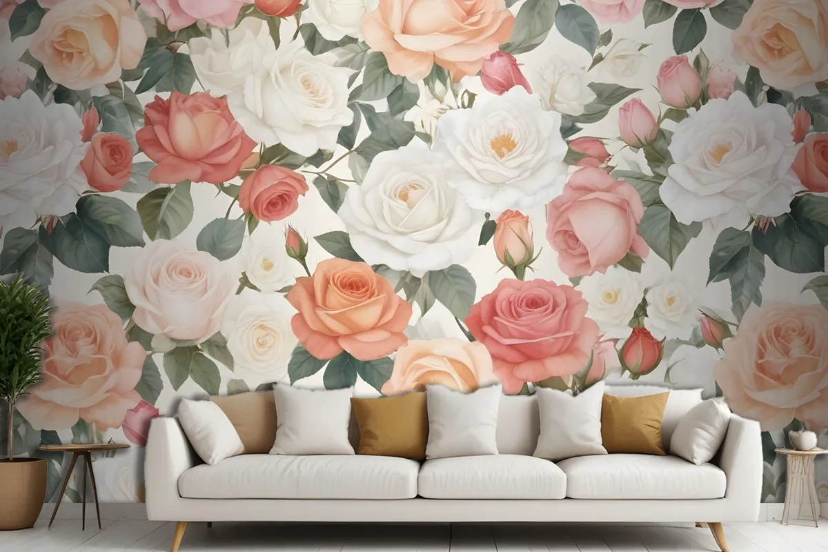 Vibrant Floral Pattern Featuring Various Types Of Pink, White, And Peach Roses Wallpaper Mural