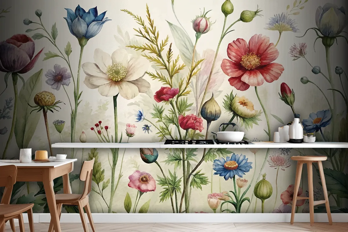 Vintage Botanical Style Wildflower Watercolor Wallpaper Mural