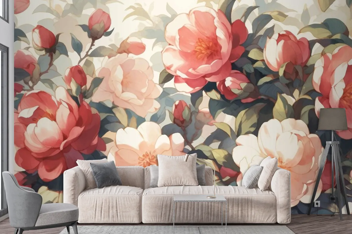 Vintage Camellia Pattern With White Background Wallpaper Mural