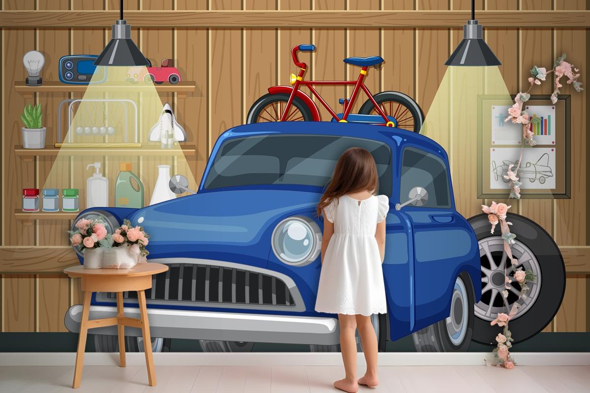 Vintage Car And Bicycle In Wooden Garage Wallpaper Mural