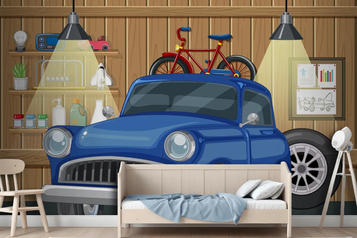 Vintage Car And Bicycle In Wooden Garage Wallpaper Mural