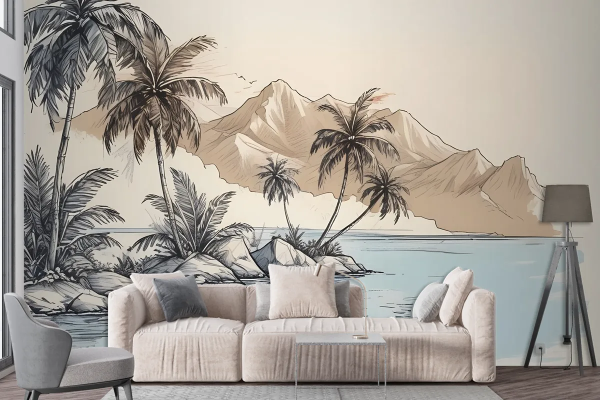 Vintage Charcoal Tropical Palm Tree And Summer Beach Wallpaper Mural