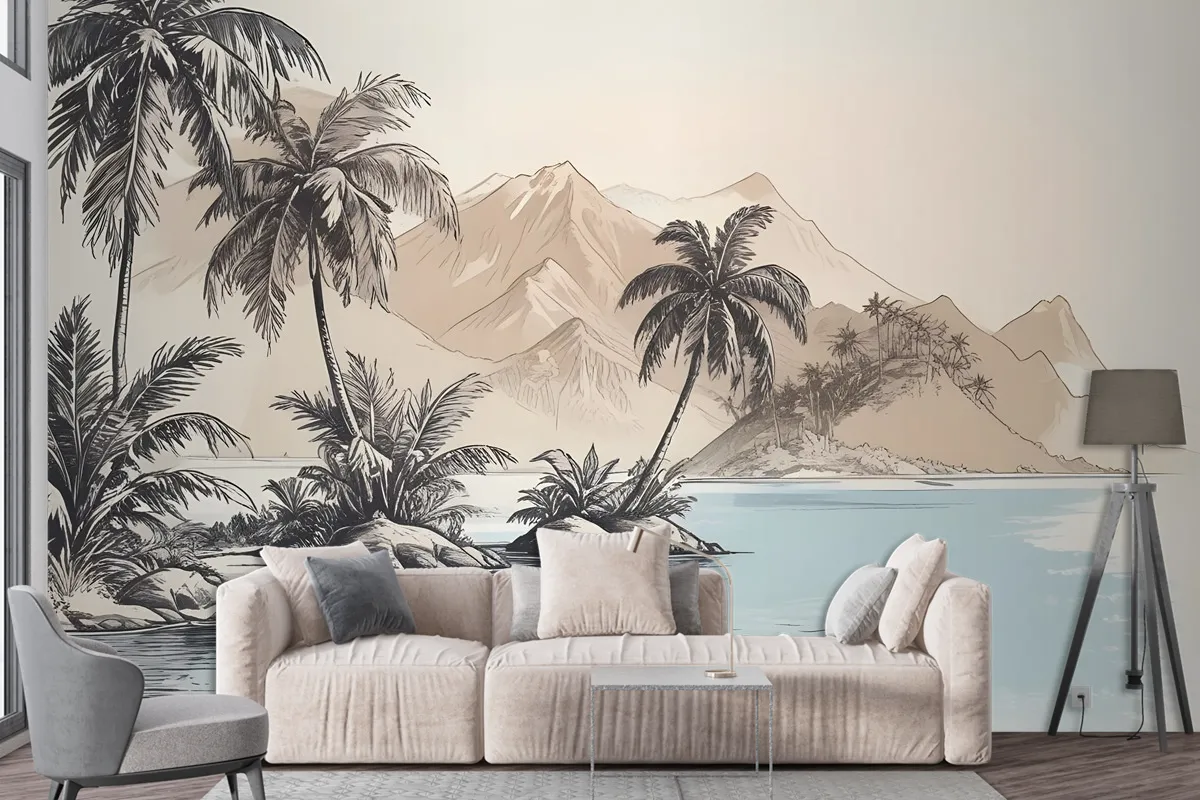 Vintage Charcoal Tropical Palm Tree And Summer Beach Wallpaper Mural