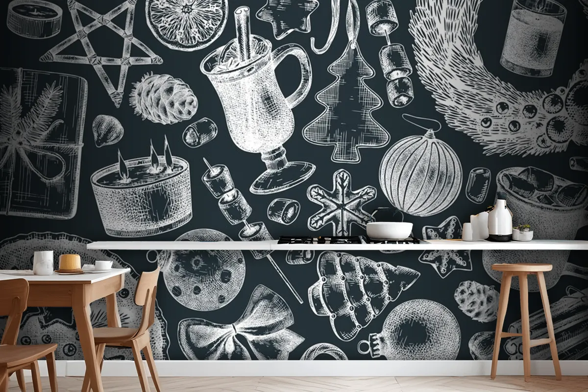 Vintage Christmas Banner Design On A Chalkboard Handsketched Holiday Wallpaper Mural