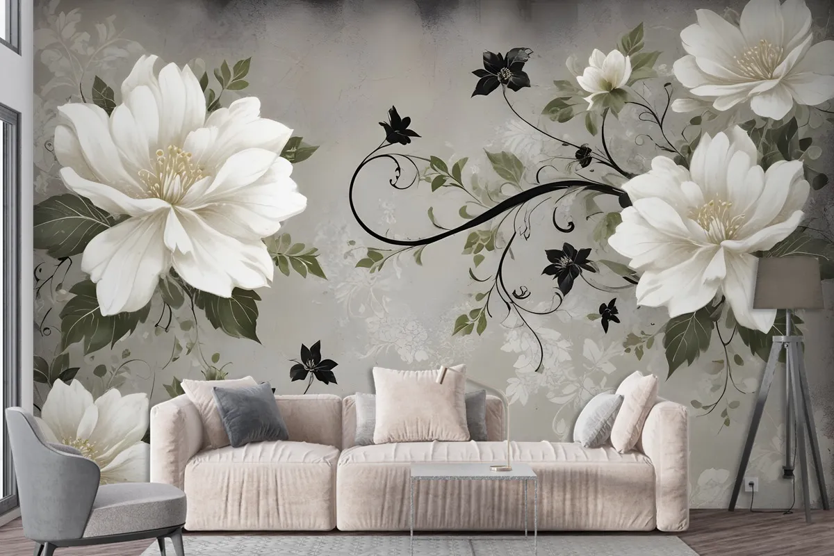 Vintage Cream Flowers Art Wallpaper Mural