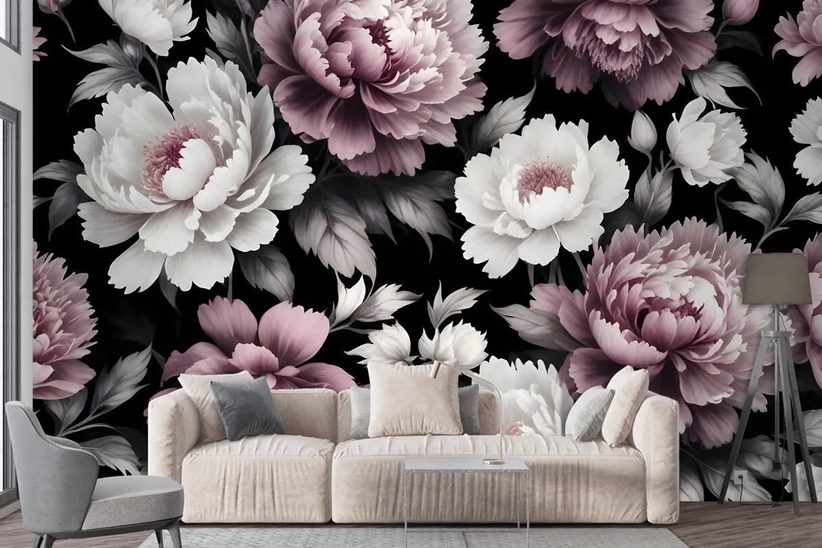 Vintage Dark Large Peony Flower Wallpaper Mural