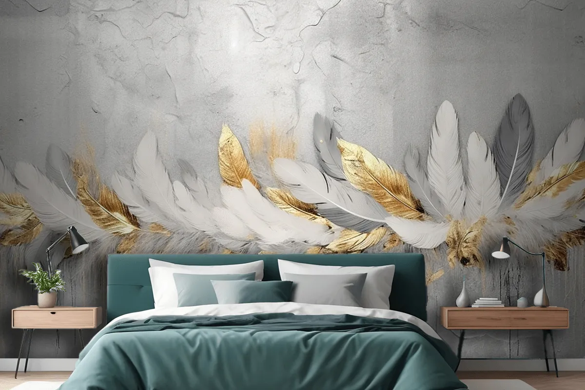 Vintage Feathers Blue Gold Brushstrokes Wallpaper Mural