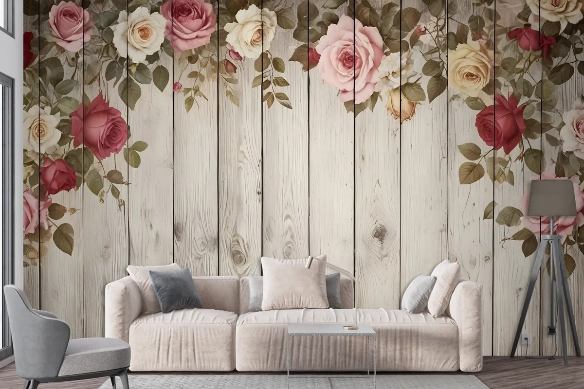 Vintage Floral With Wood Wall Wallpaper Mural