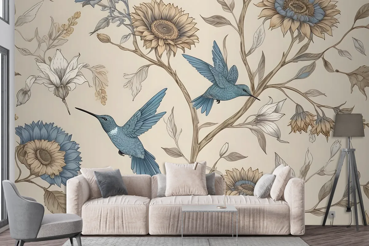 Vintage Flower With Hummingbird Wallpaper Mural