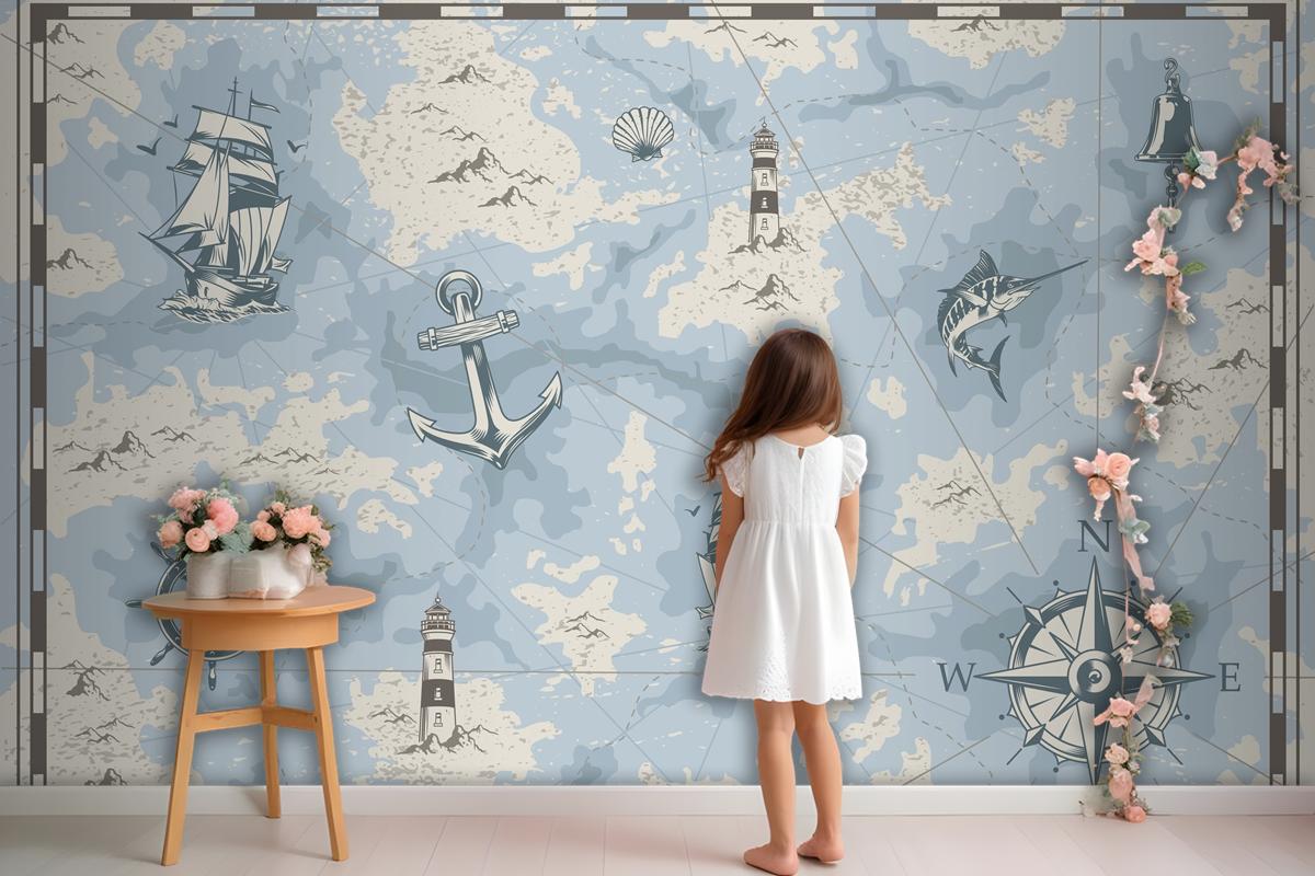 Vintage Nautical Old Map Wallpaper Mural