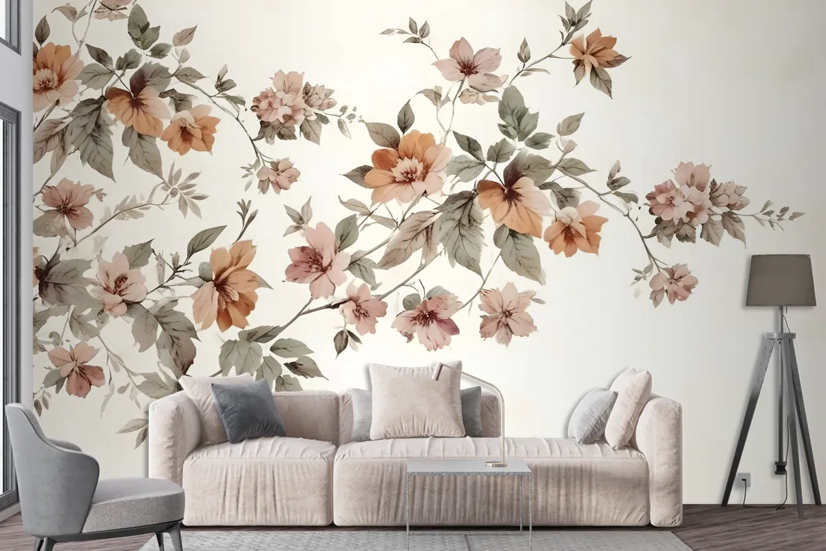 Vintage Orange Brown Flowers Wallpaper Mural