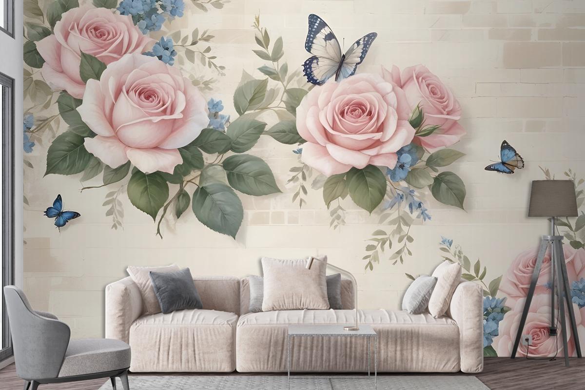 Vintage Pastel Pink Floral Wallpaper Mural