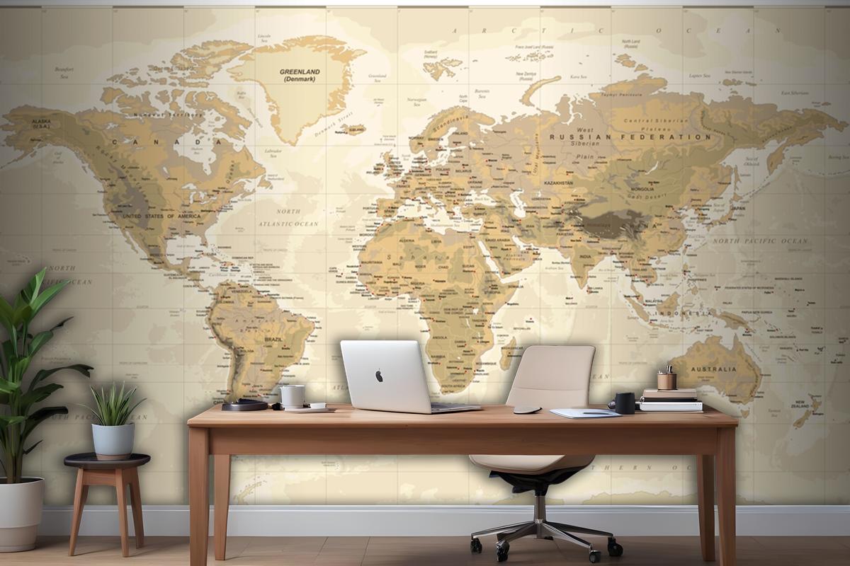 Vintage Physical World Map Wallpaper Mural