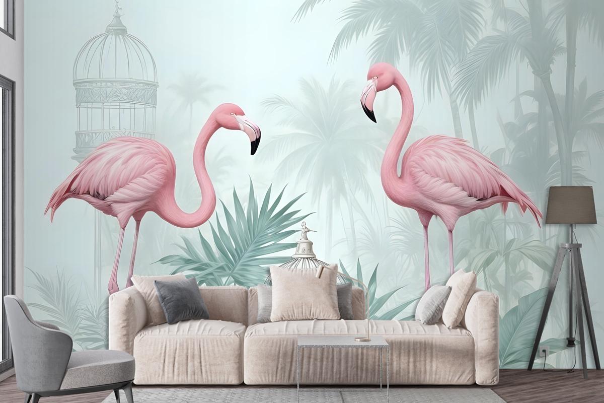 Vintage Pink Flamingo With Tropical Leaves Wallpaper Mural