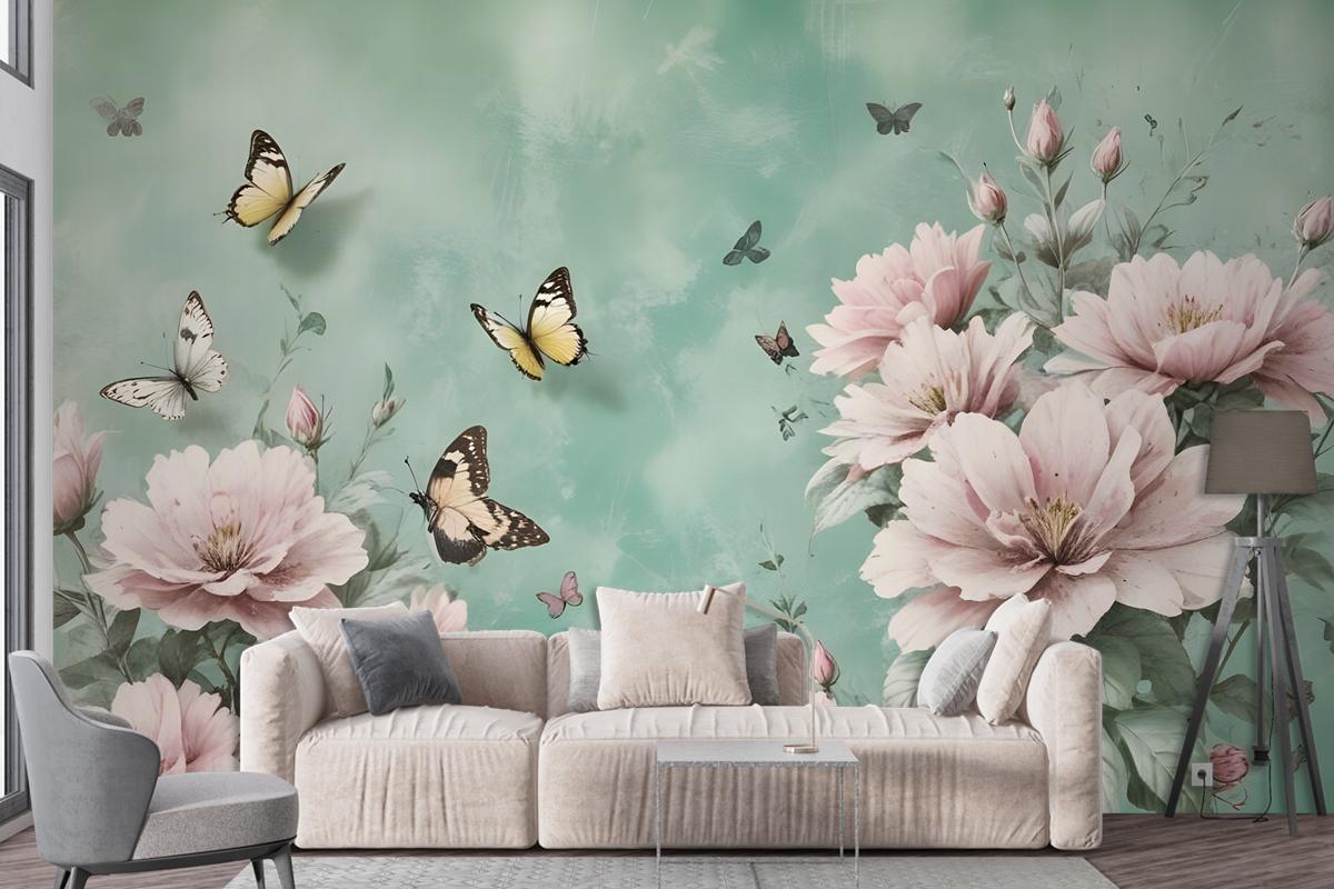 Vintage Pink Floral And Yellow Butterfly Wallpaper Mural