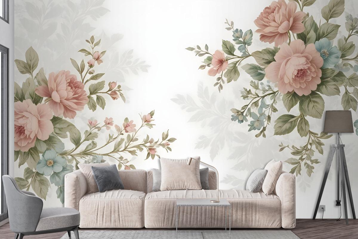 Vintage Pink Flowers Wallpaper Mural