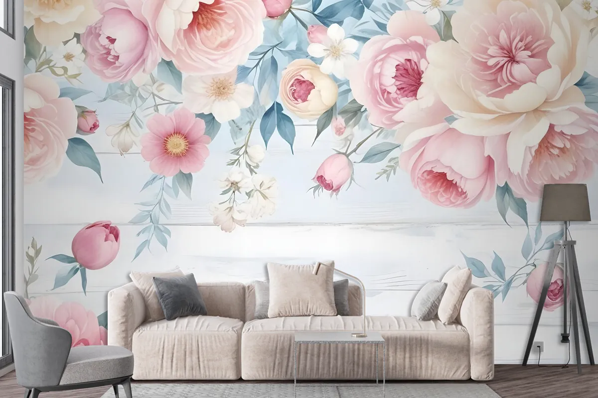 Vintage Watercolor Pink Flowers Wallpaper Mural