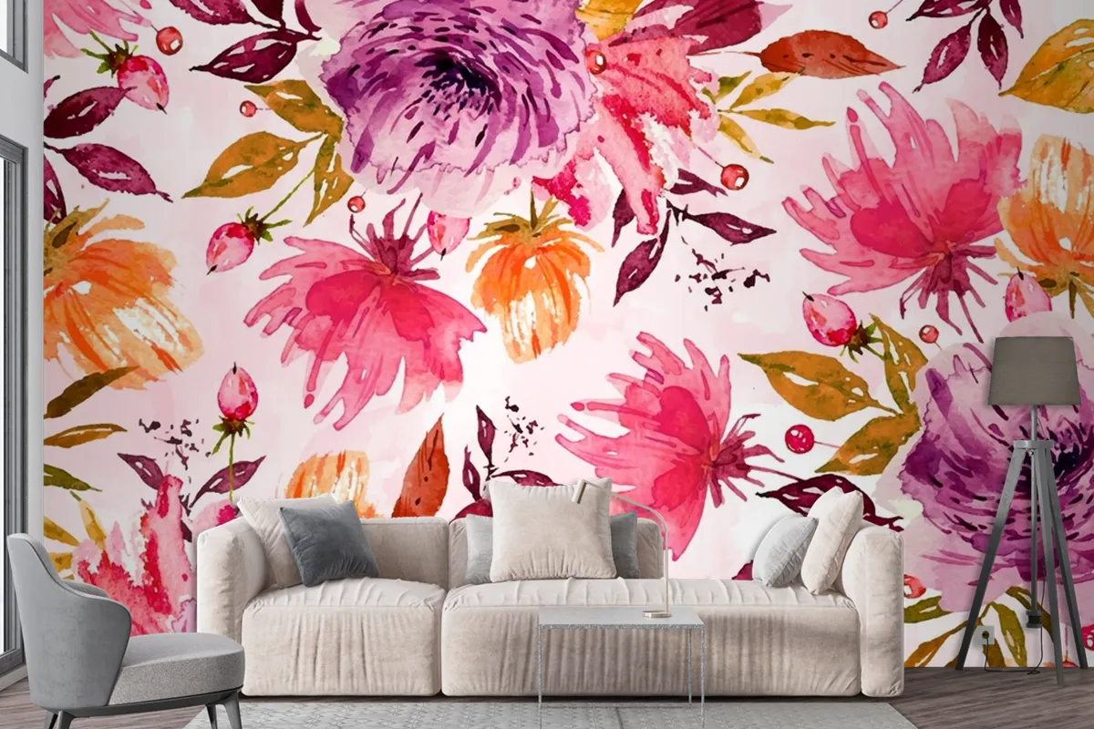 Violet Flower Background With Soft Watercolours Wallpaper Mural