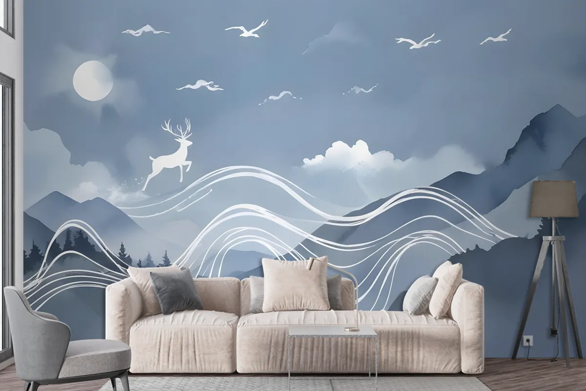 Watercolor Abstract Lines And Horned Deer Wallpaper Mural