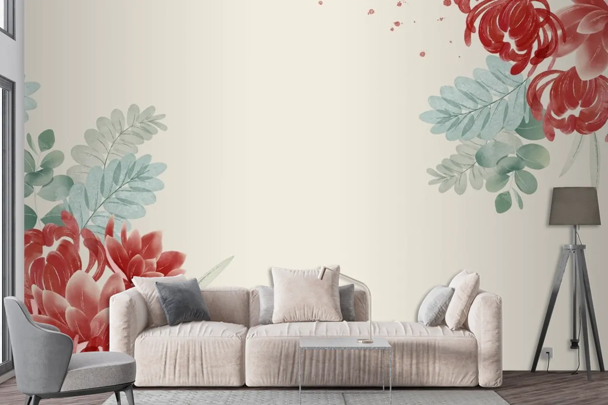 Watercolor Asian Flowers Wallpaper Mural