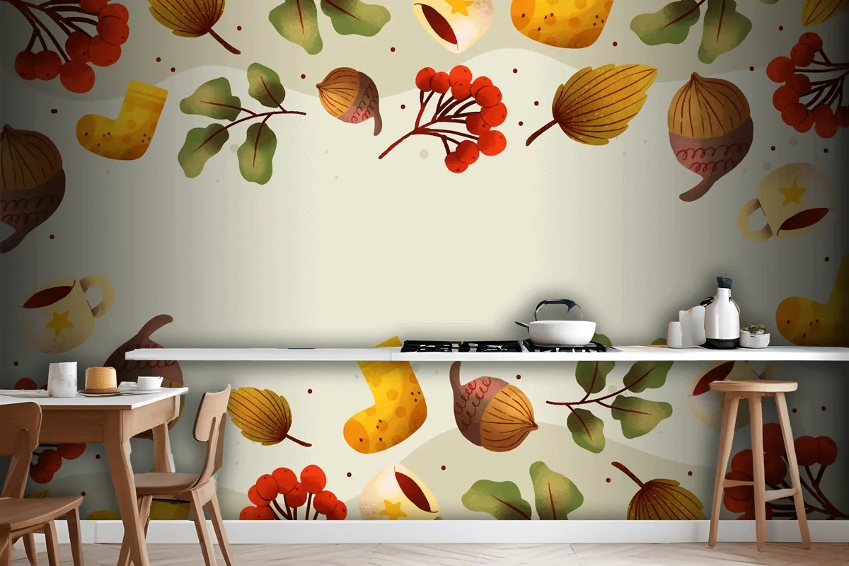 Watercolor Autumn Kitchen Wallpaper Mural