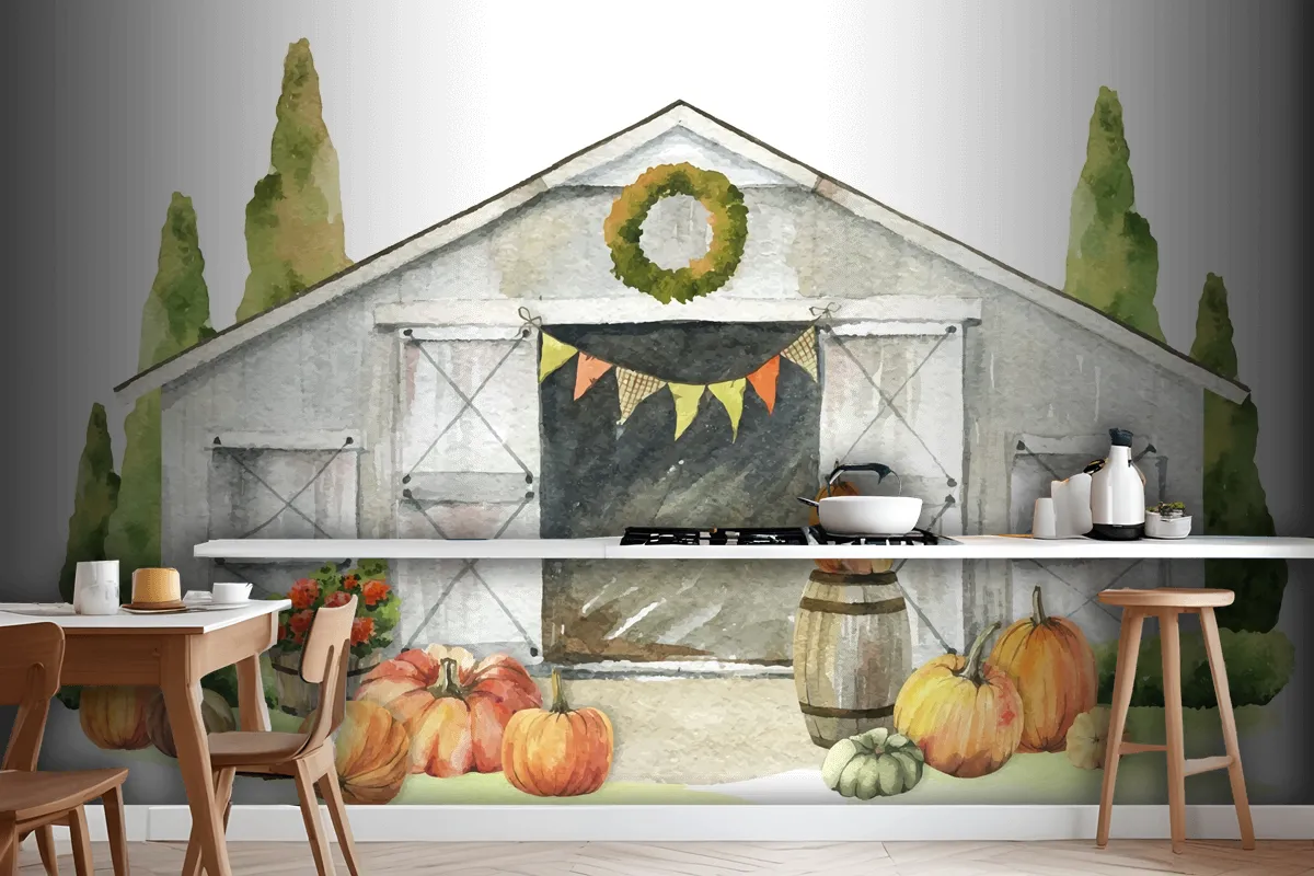 Watercolor Autumn Wooden Barn Pumpkin Harvest Wallpaper Mural