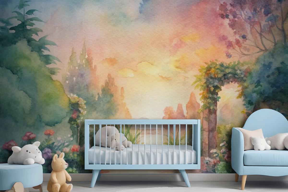 Watercolor Background Featuring A Flower Garden Wallpaper Mural