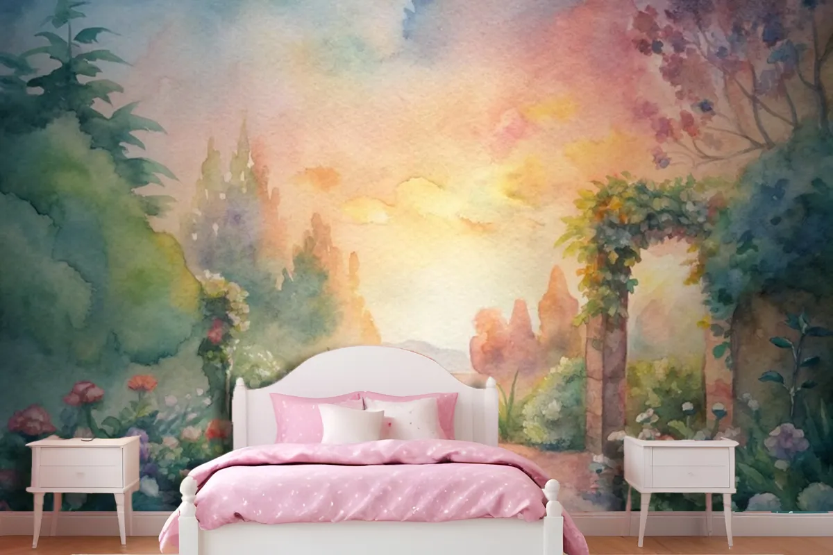 Watercolor Background Featuring A Flower Garden Wallpaper Mural