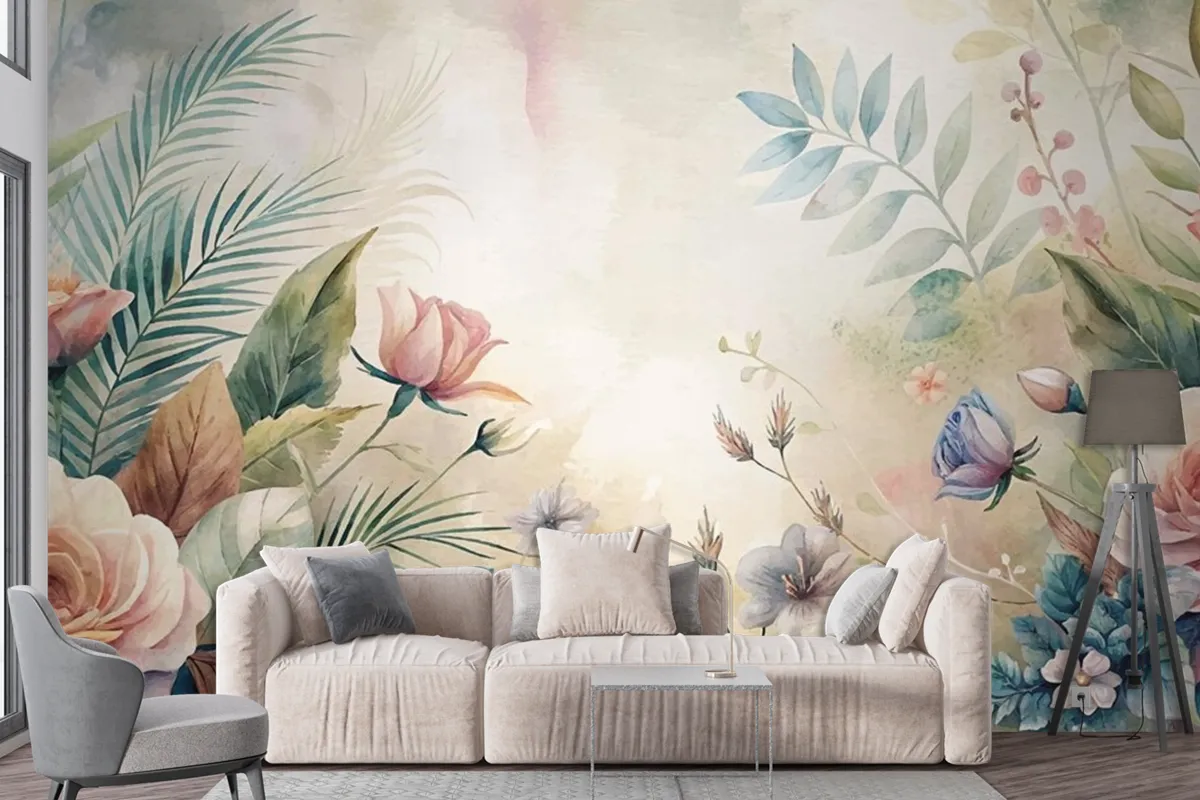 Watercolor Background Featuring Beautiful Flowers Wallpaper Mural