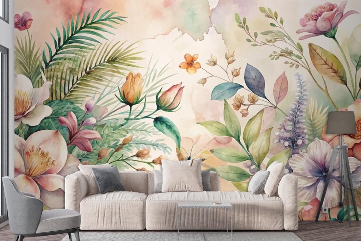 Watercolor Background Featuring Flowers And Lush Plants Wallpaper Mural