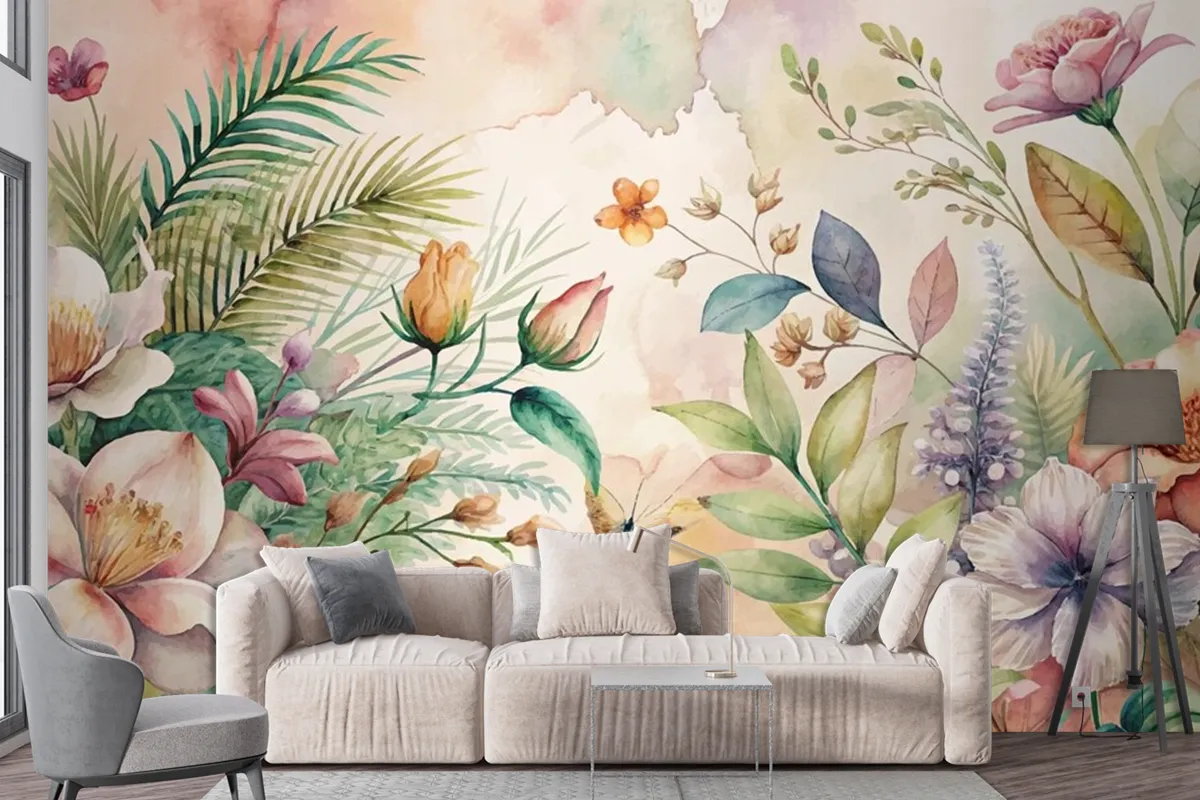 Watercolor Background Featuring Flowers And Lush Plants Wallpaper Mural