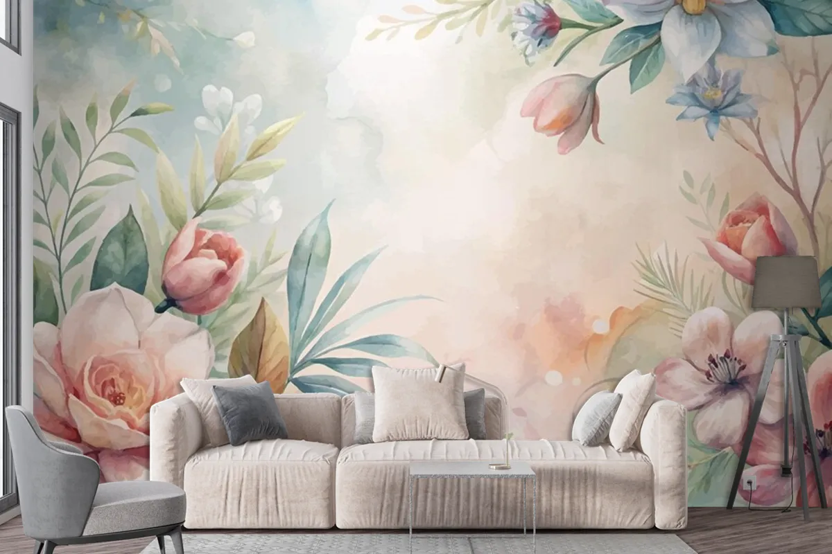 Watercolor Background Of Lush Flowers And Leaves Wallpaper Mural