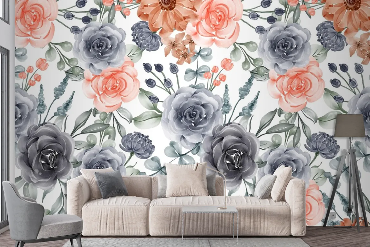 Watercolor Background Seamless Pattern Flower Navy And Peach Wallpaper Mural