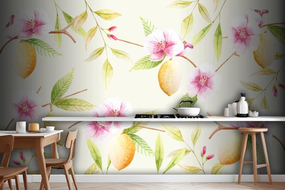 Watercolor Background With Florals Kitchen Wallpaper Mural