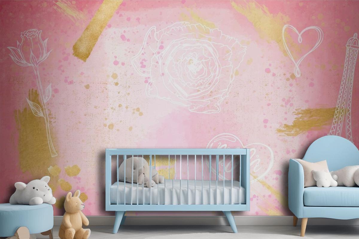 Watercolor Background With Hand Drawn Elements Girl Wallpaper Mural