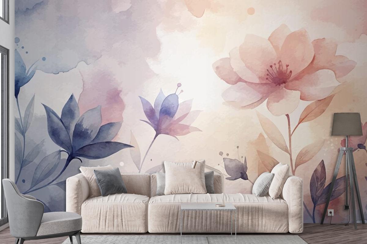 Watercolor Background With Minimalist Soft Silhouette Flowers Wallpaper Mural