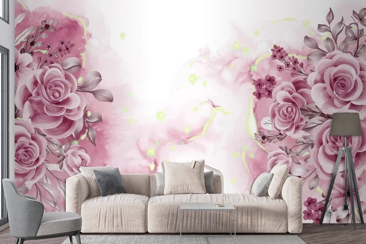 Watercolor Background With Rose Gold Flowers And Leaves Wallpaper Mural