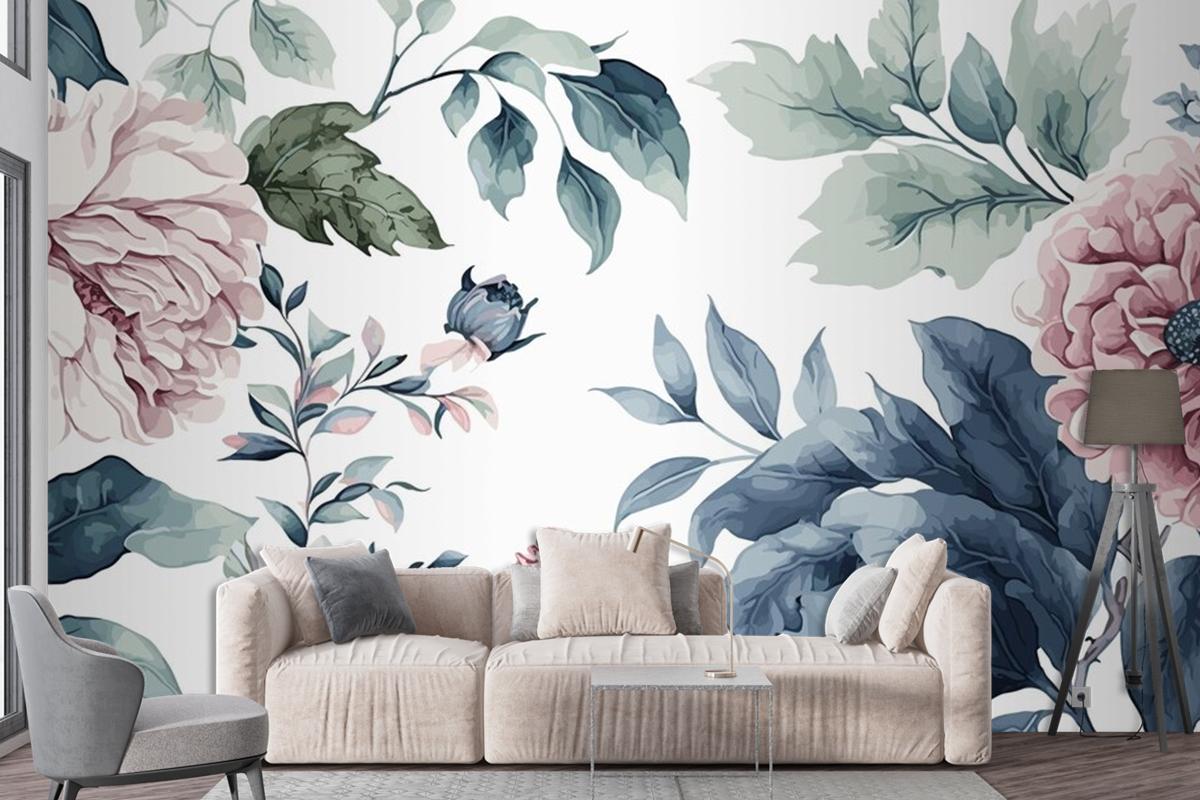 Watercolor Blue And Pink Floral Pattern Wallpaper Mural