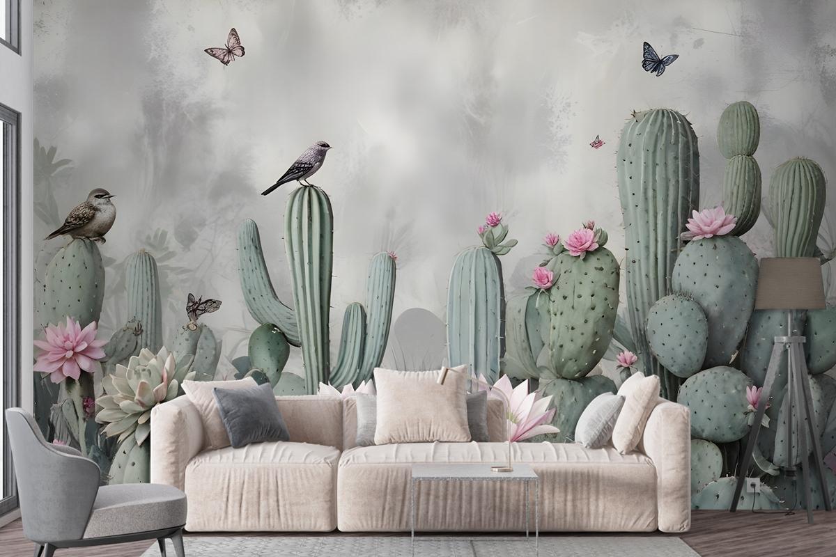 Watercolor Cactus With Flowers Wallpaper Mural