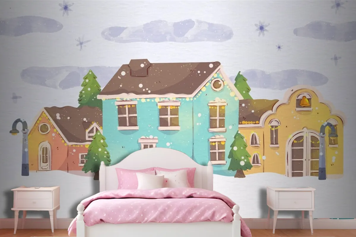 Watercolor Christmas Town Wallpaper Mural