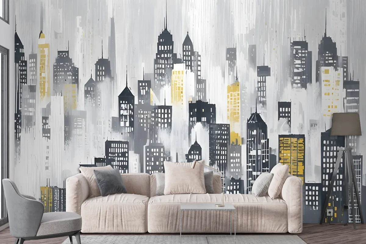 Watercolor City Silhouette Wallpaper Mural