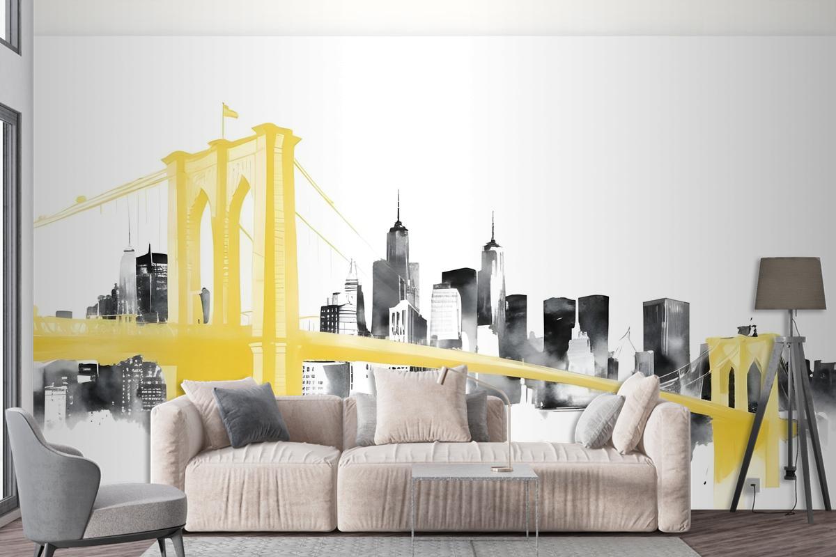 Watercolor City With Brooklyn Bridge Wallpaper Mural