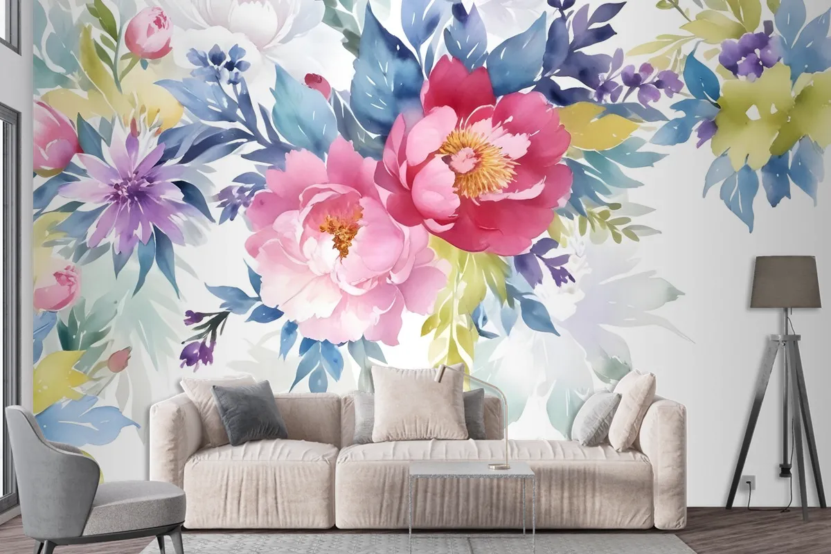 Watercolor Colorful Peony Flowers Wallpaper Mural