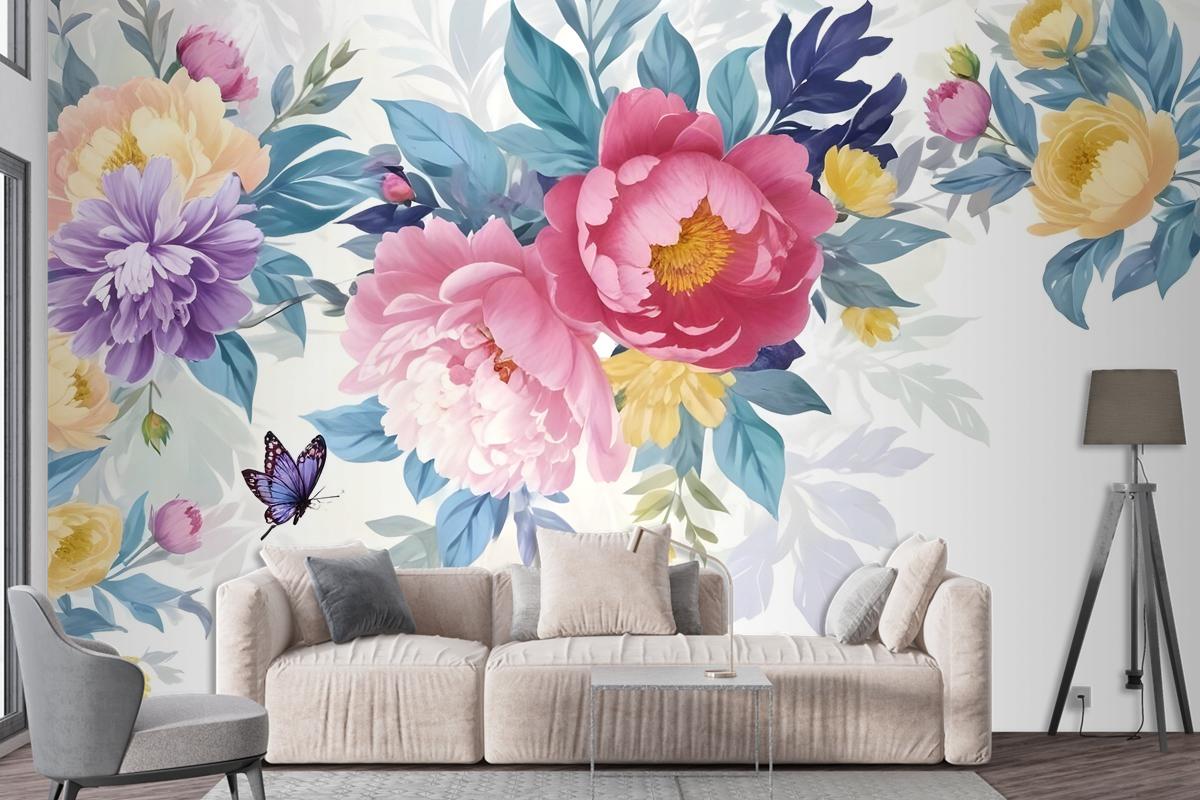 Watercolor Colorful Peony Flowers Wallpaper Mural