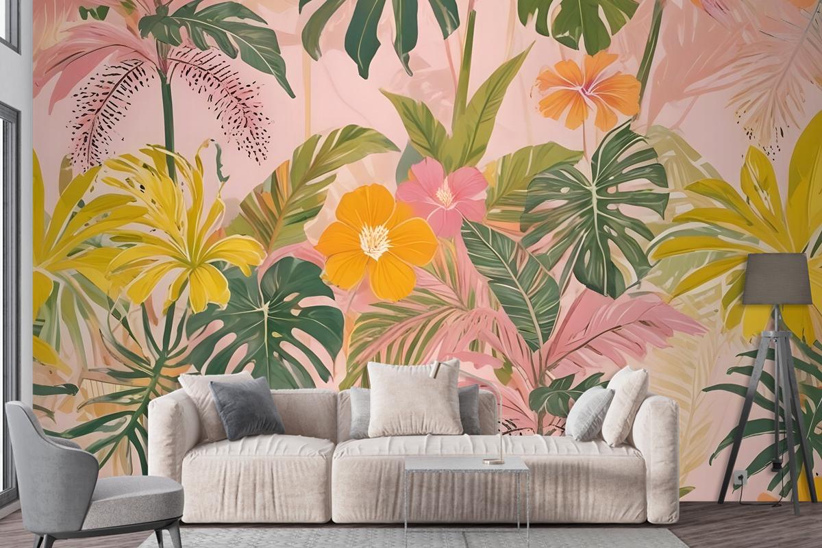 Watercolor Colorful Summer Tropical Leaf Wallpaper Mural