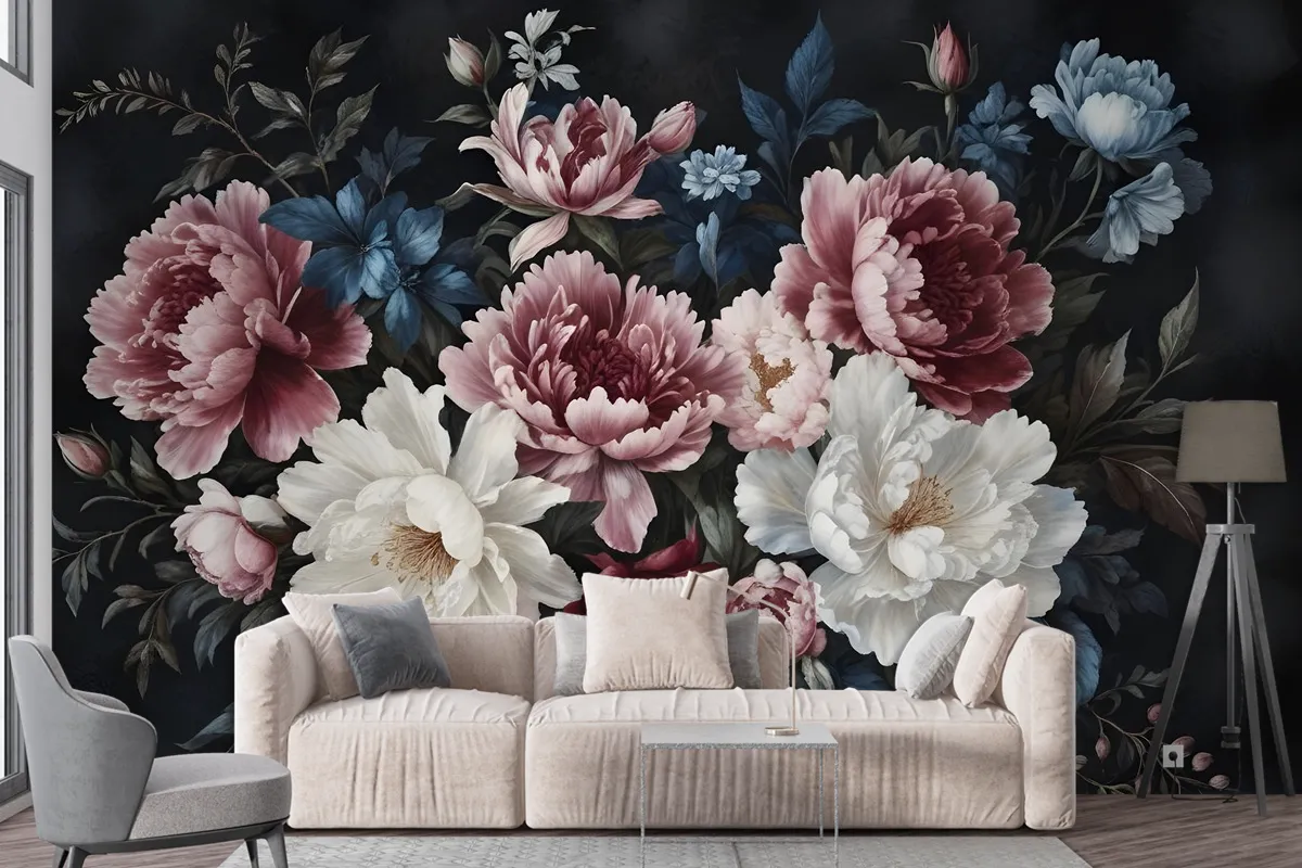 Watercolor Dark Peony Floral Wallpaper Mural